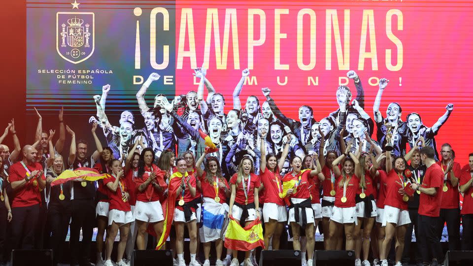 Olga Carmona stands at the front of the squad during the celebrations. - Pierre-Philippe Marcou/AFP/Getty Images