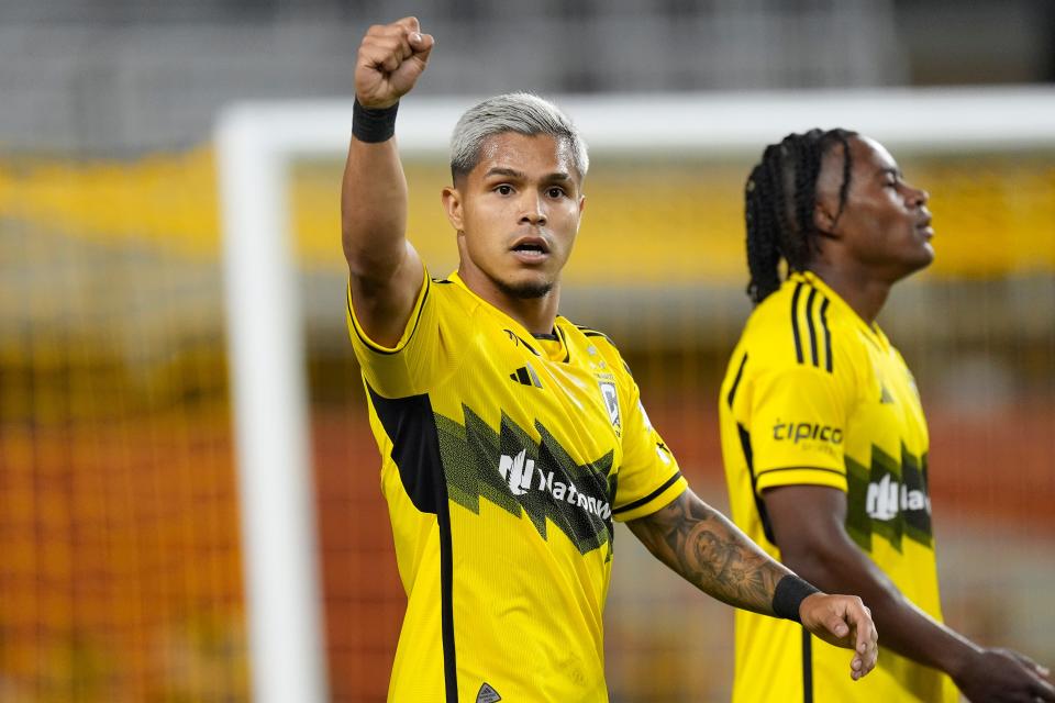 Sep 18, 2024; Toronto, Ontario, CAN; Columbus Crew forward Cucho Hernandez (9) celebrates his goal against Toronto FC during the second half at BMO Field. Mandatory Credit: John E. Sokolowski-Imagn Images