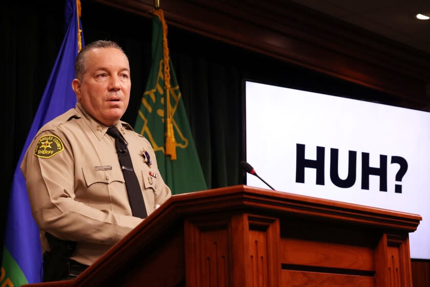 LOS ANGELES, CA - JANUARY 19: Sheriff Alex Villanueva holds a press conference to discuss crime statistics and his annual goals at the Hall of Justice on Wednesday, Jan. 19, 2022 in Los Angeles, CA. Among topics discussed were the need to start with a fresh LA Metro Public Safety Advisory Committee. (Dania Maxwell / Los Angeles Times)