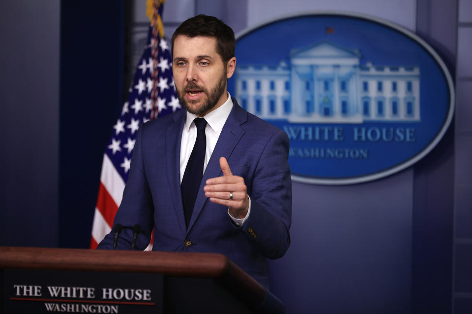 National Economic Council Director Brian Deese talks to reporters on July 02, 2021 about jobs numbers, amid the U.S. labor shortage. (Photo by Chip Somodevilla/Getty Images)