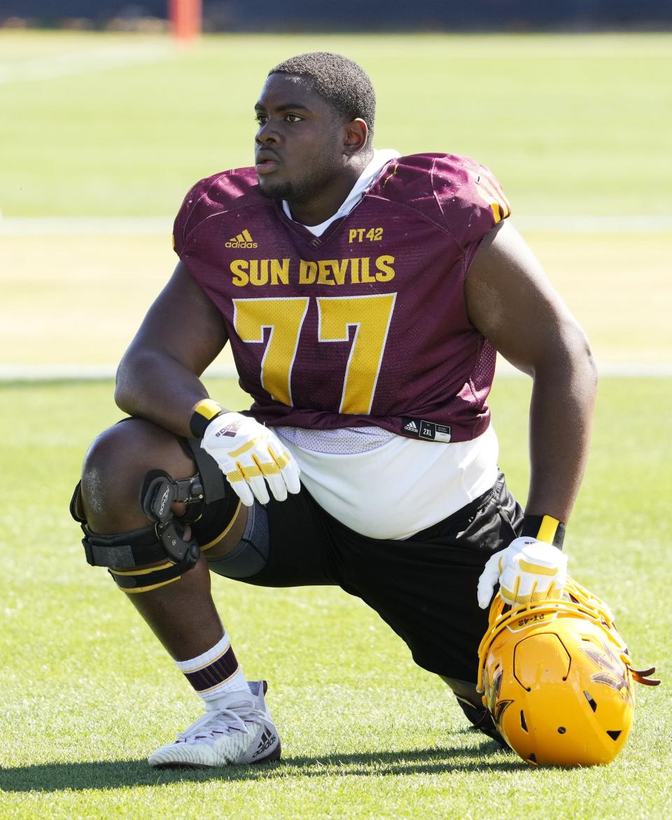 Mar 23, 2022; Tempe, Arizona, USA; Arizona State offensive lineman LaDarius Henderson during spring practice at Kajikawa Practice Fields.