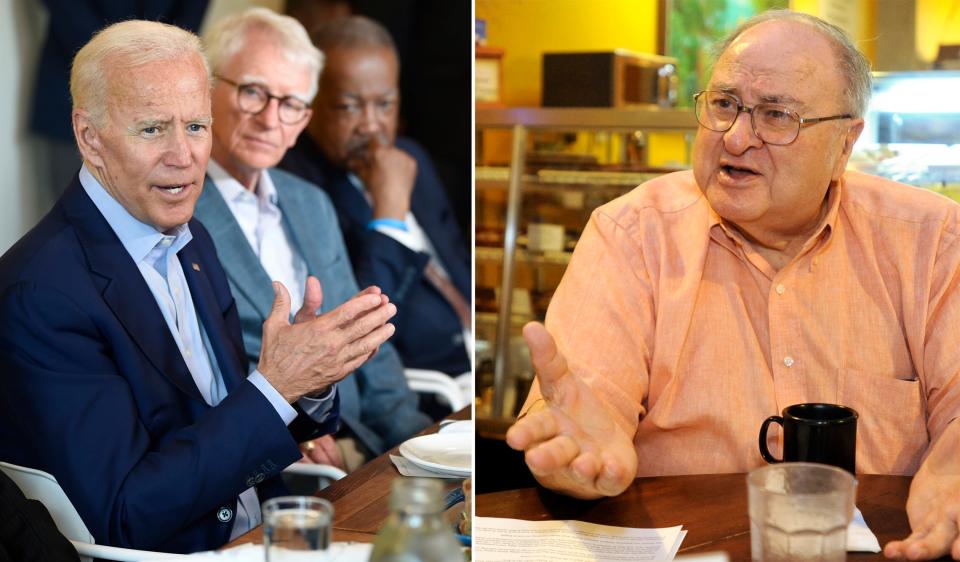 Former Vice President Joe Biden (left) in 2019 and former South Dakota Senator Jim Abourezk in 2013.