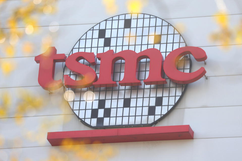 The logo of Taiwan Semiconductor Manufacturing Co (TSMC) is pictured at its headquarters, in Hsinchu, Taiwan, January 19, 2021. REUTERS/Ann Wang