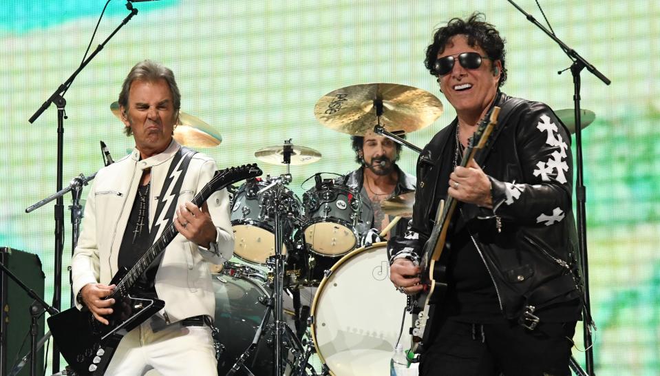 LAS VEGAS, NEVADA - SEPTEMBER 18: (L-R) Marco Mendoza, Jonathan Cain, Deen Castronovo, and Neal Schon of Journey perform onstage during the 2021 iHeartRadio Music Festival on September 18, 2021 at T-Mobile Arena in Las Vegas, Nevada. EDITORIAL USE ONLY. (Photo by Kevin Mazur/Getty Images for iHeartMedia)
