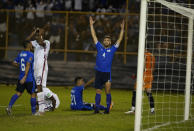 El Salvador's Eriq Zavaleta, center, reacts during a qualifying soccer match against United States for the FIFA World Cup Qatar 2022 at Cuscatlan stadium in San Salvador, El Salvador, Thursday, Sept. 2, 2021. (AP Photo/Moises Castillo)