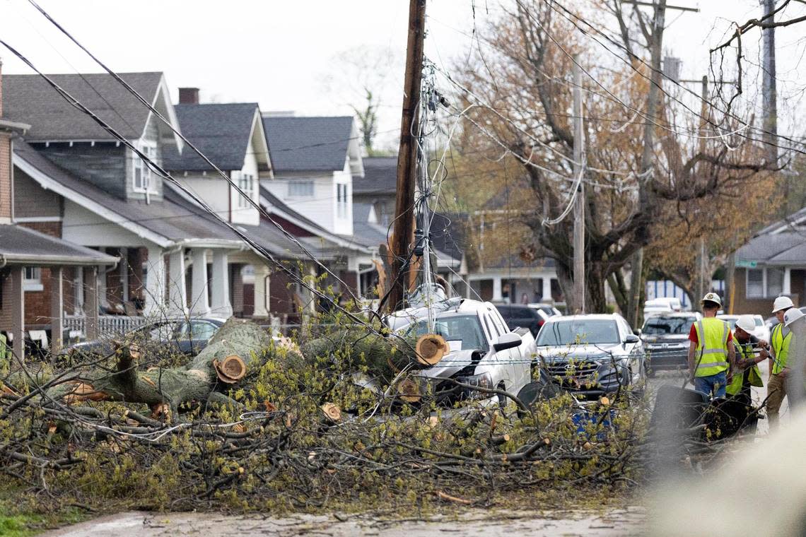 Storm damage near the University of Kentucky camps in Lexington, Ky, Tuesday evening, April 2, 2023.