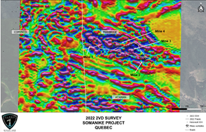 Figure 4: A plan view of the drill holes completed to date with 2nd Vertical Derivative DroneMAG background.