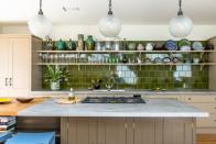 <p>The British Standard design team have noticed a growing number of clients opting for plain or patterned glazed tiles to create eye-catching sink walls. This rich, glossy depth of colour on glazed tiles provides great textural contrast against pared back, hand painted wooden cabinetry.</p><p>Ian Penney at Homebase says tiling is the perfect way to upgrade to a modern kitchen: 'If you’re looking for a simpler refresh, tiling is a great way to go. We’ll be launching a new tiling range that will suit every style; everything from fun patterns and bright shades to darker and bolder colours in all shapes and sizes. Tiling is a great way to inject character into a kitchen, while being versatile, easy to clean and extremely durable. It's also really easy!'</p><p>Pictured: British Standard cupboards, <a href="https://britishstandardcupboards.co.uk/" rel="nofollow noopener" target="_blank" data-ylk="slk:British Standard by Plain English;elm:context_link;itc:0;sec:content-canvas" class="link ">British Standard by Plain English</a></p>