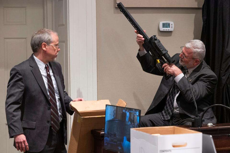 Prosecutor Creighton Waters asks witness Jeff Croft, a SLED senior special agent, questions about weapons and ammunition collected from Alex Murdaugh's home during Murdaugh's trial for murder at the Colleton County Courthouse on Monday, Jan. 30, 2023. 