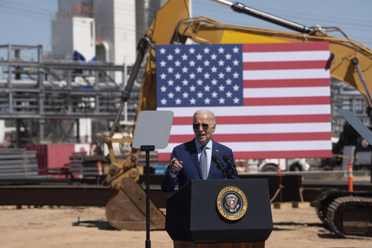 CHANDLER, ARIZONA - MARCH 20: US President Joe Biden gives a speech at Intel Ocotillo Campus on March 20, 2024 in Chandler, Arizona. Biden announced $8.5 billion in federal funding from the CHIPS Act for Intel Corp. to manufacture semiconductors in Arizona. (Photo by Rebecca Noble/Getty Images)