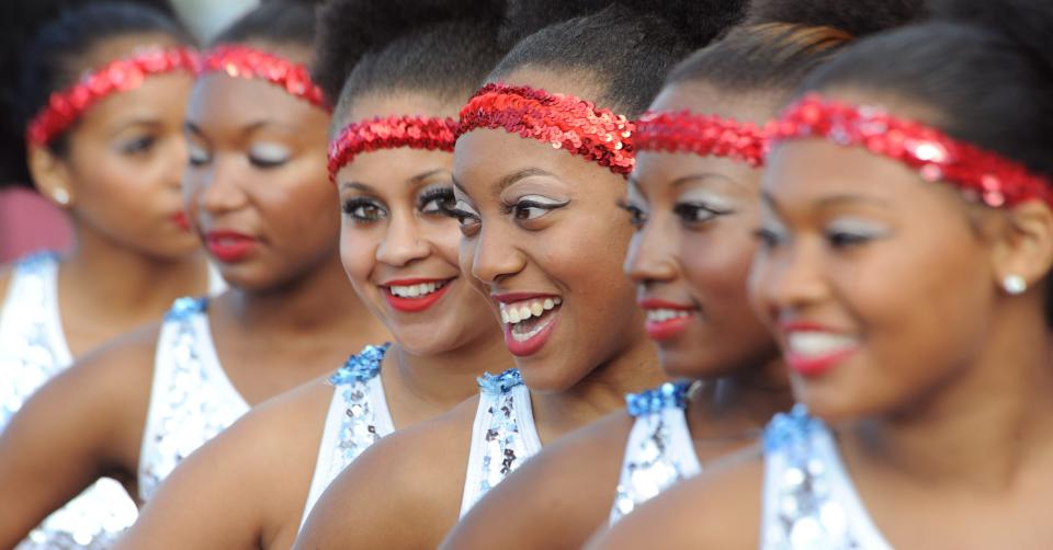 The Delaware State University marching band's dancers line up to perform during halftime of the university's 2014 homecoming game against North Carolina Au0026T.