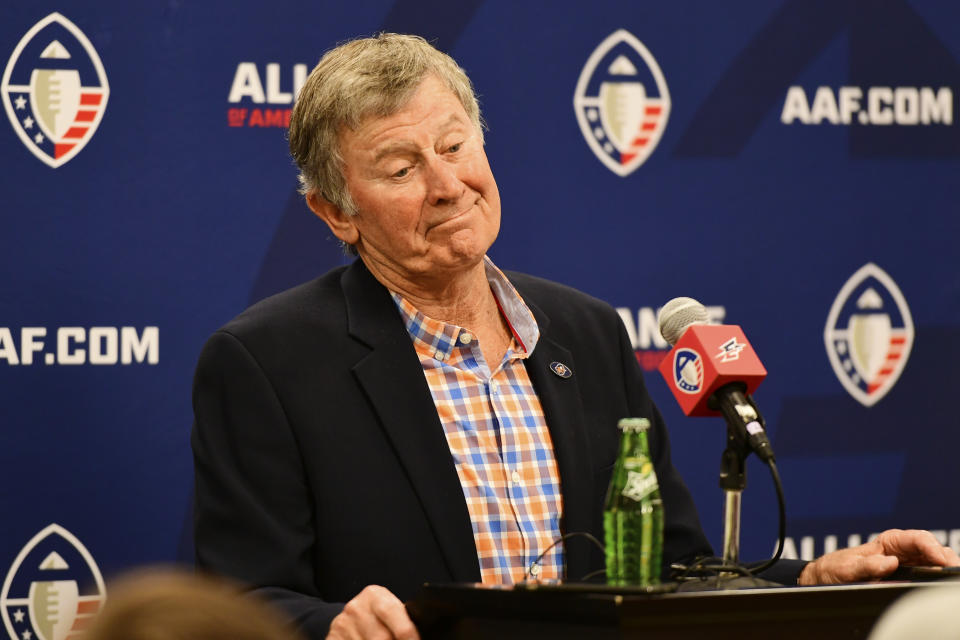 ORLANDO, FL - FEBRUARY 23: Head coach Steve Spurrier of Orlando Apollos responds to questions during the press conference after 33-17 win over the Memphis Express of an Alliance of American Football game on February 23, 2019 at Spectrum Stadium in Orlando, Florida.  (Photo by Julio Aguilar/AAF/Getty Images)