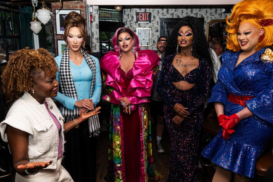 White House press secretary Karine Jean-Pierre, left, speaks with the cast of RuPaul’s Drag Race All Stars Season 9 at The Little Gay Pub in Washington, D.C. on May 6.