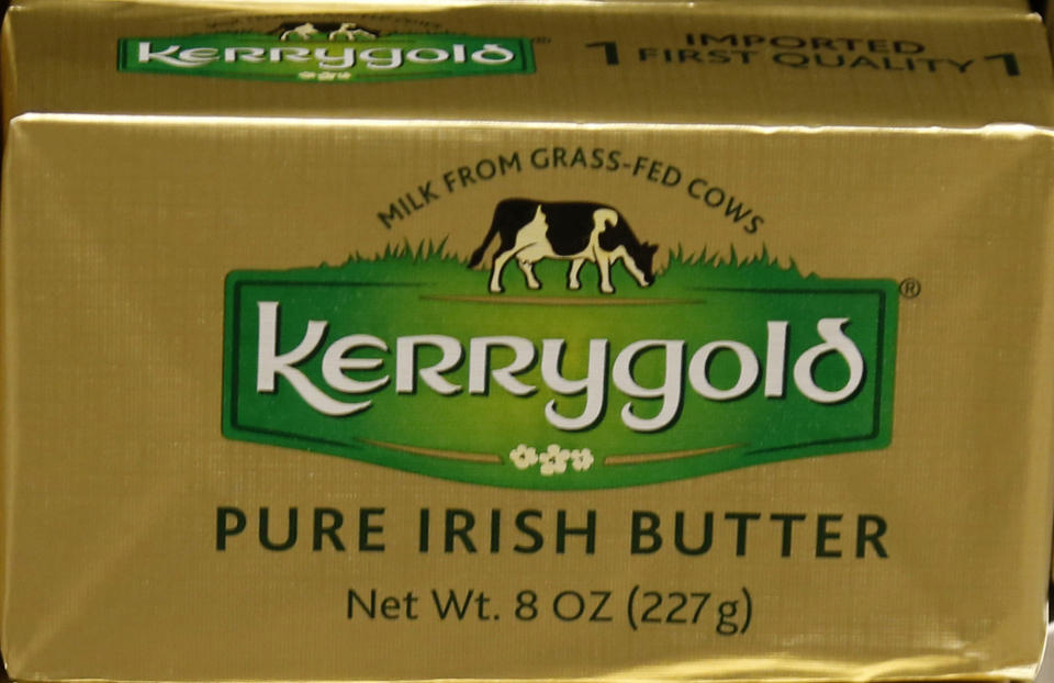 Kerrygold Pure Irish Butter sits on a store shelf Friday, March 17, 2017 in Edina, Minn. Wisconsin consumers tired of trekking across state lines to buy a popular Irish butter are taking their fight to court. A 1953 state law bans the sale of Kerrygold butter in Wisconsin, along with any other butter that hasn’t been locally graded for quality. A handful of butter aficionados filed the lawsuit, saying it’s unconstitutional to require butter sold in the state to undergo a government-mandated taste test. (AP Photo/Jim Mone)