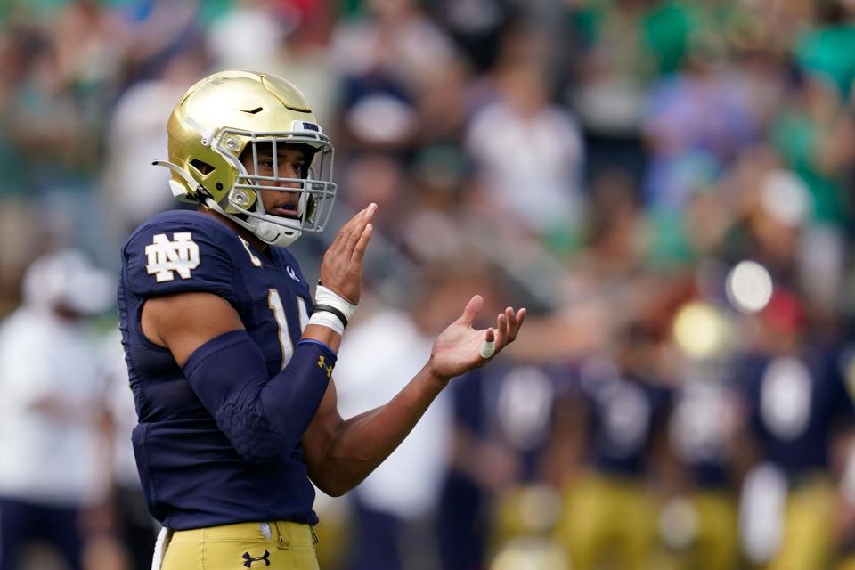 Notre Dame's Kyle Hamilton (14) in action during the first half against Cincinnati.