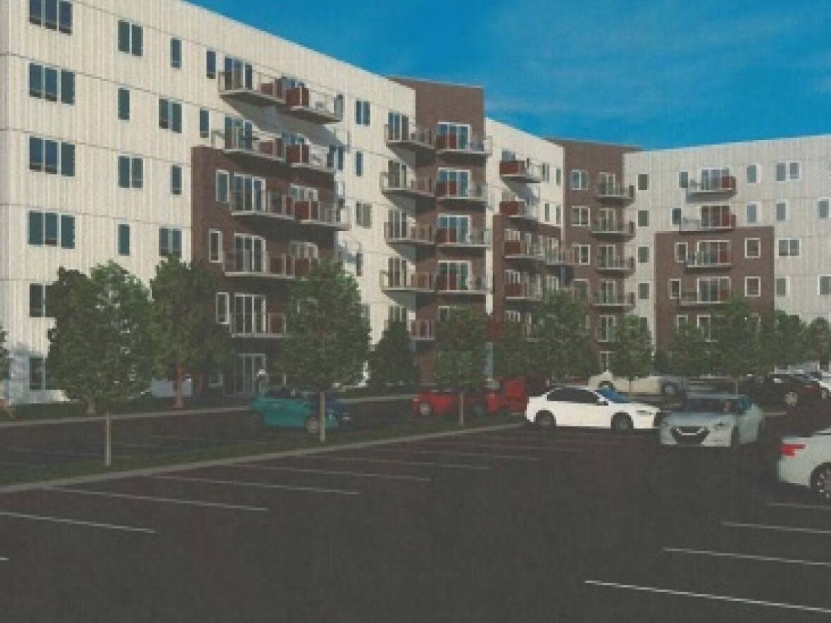 Cedar Valley Investments received council approval to construct a 147-unit apartment complex at 111 Duncan Lane similar to this artist's conception. (City of Fredericton - image credit)