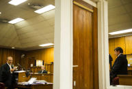 Forensic expert Johannes Vermeulen, right, is questioned by state prosecutor, Gerrie Nel, left, as he gives evidence in court in Pretoria, South Africa, Thursday, March 13, 2014, in the Oscar Pistorius case. Oscar Pistorius is charged with the shooting death of his girlfriend Reeva Steenkamp in 2013. Prosecutors in the Oscar Pistorius murder trial on Thursday displayed a sequence of photos showing the blood stains and blood spatter found on the floors, walls, stairs and chairs in the athlete's house after he fatally shot his girlfriend. The door at centre is set up in court to graphically portray the toilet door through which Steenkamp was fatally shot. (AP Photo/Alet Pretorius, Pool)