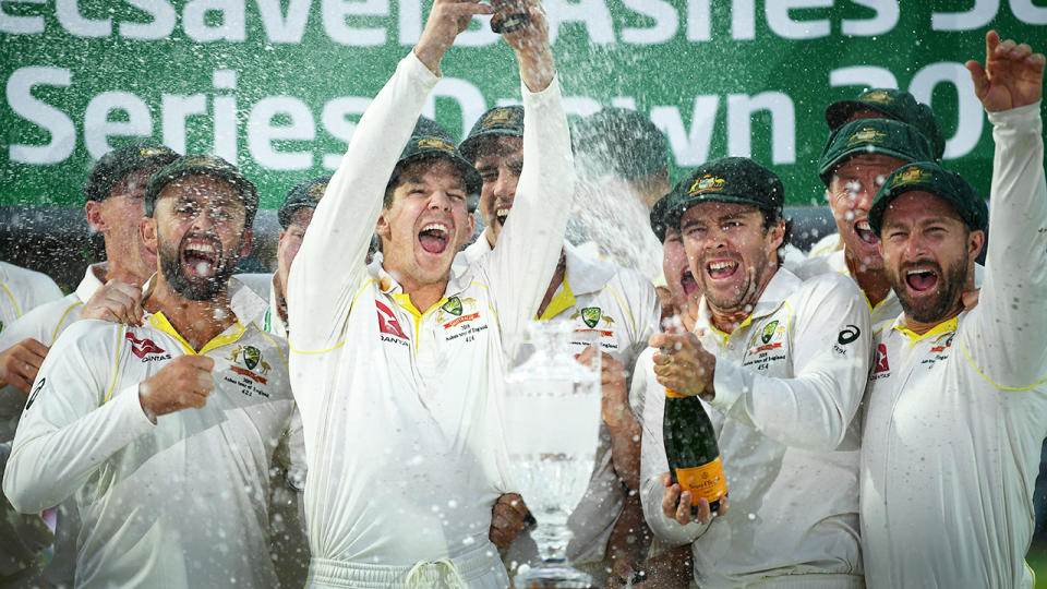 Tim Paine, pictured here celebrating Australia's Ashes triumph in England in 2019.