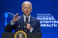 FILE - President Joe Biden speaks during the White House Conference on Hunger, Nutrition, and Health, at the Ronald Reagan Building, Wednesday, Sept. 28, 2022, in Washington. Biden calling out, "Jackie, are you here? Where's Jackie?" during the conference came in sixth on a Yale Law School librarian's list of the most notable quotations of 2022. (AP Photo/Evan Vucci, File)