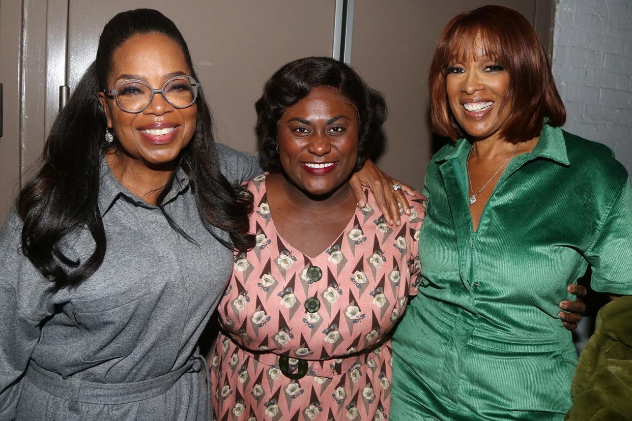 (L-R) Oprah Winfrey, Danielle Brooks and Gayle King pose backstage at the play "The Piano Lesson" on Broadway at The Barrymore Theater January 18, 2023 in New York City.