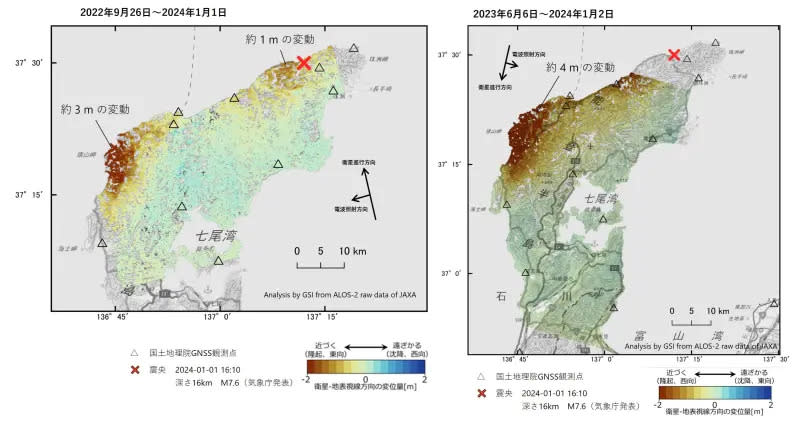 ▲石川縣能登半島發生了規模7.6極淺層強烈有感地震過後，輪島市出現地表隆起。（圖／翻攝國土地理院）