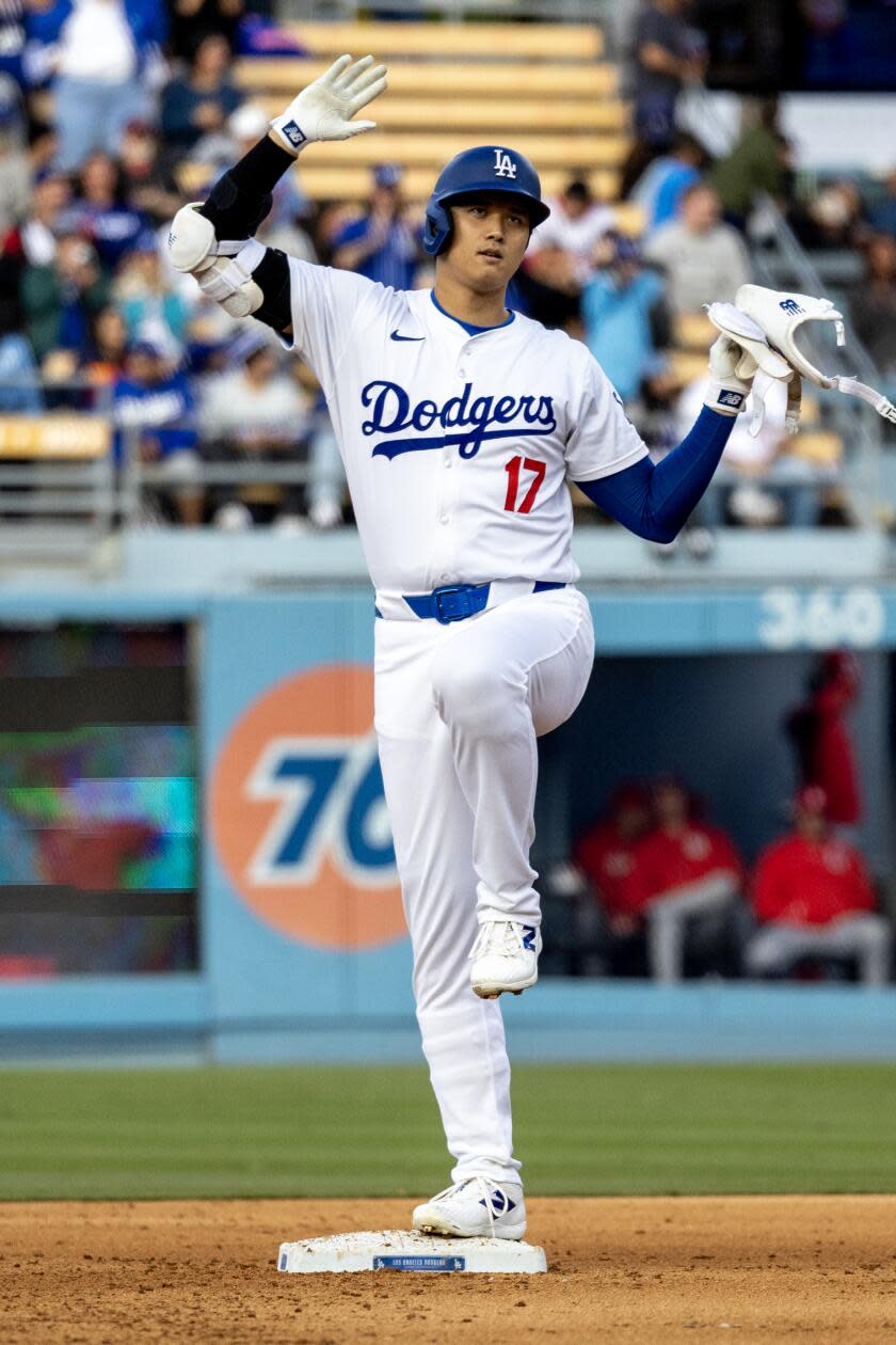 LOS ANGELES, CA - MARCH 31, 2024: Los Angeles Dodgers designated hitter Shohei Ohtani (17) reacts.