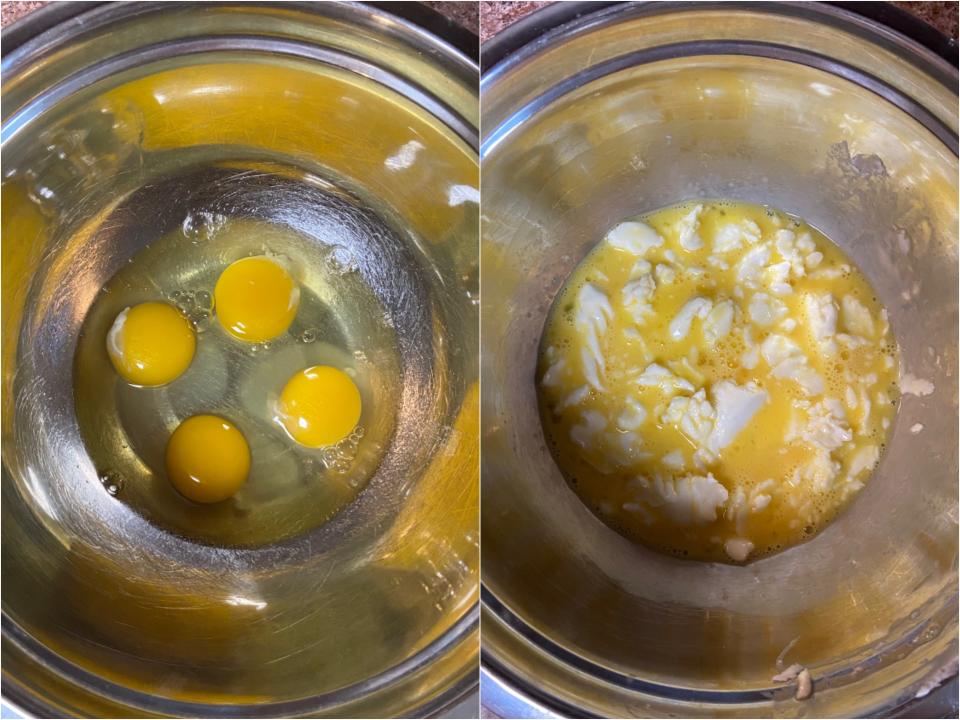Side by side of four cracked eggs in a bowl next to the eggs whisked with chunks of white lard,