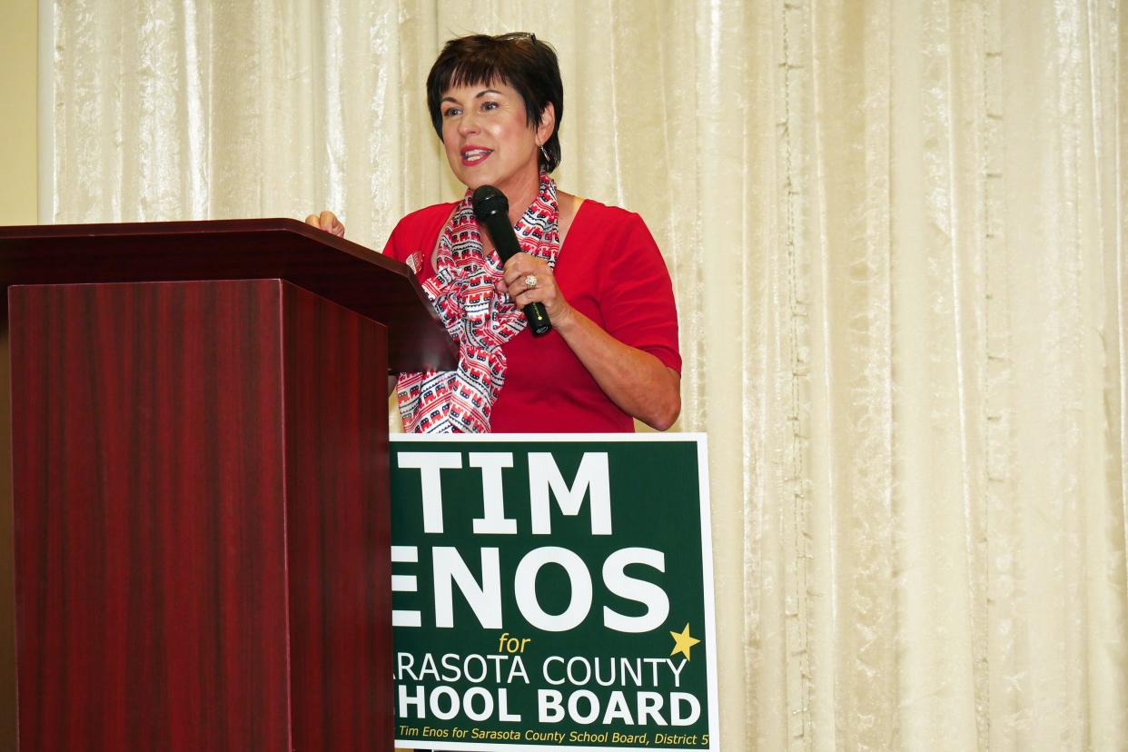 Conni Brunni has been named the new head of Sarasota's Moms for Liberty chapter. She's seen here speaking on behalf of then-School Board District 5 candidate Tim Enos at the July 27, 2022, Hob Nob, hosted by the Venice Area Chamber of Commerce, Venice Area Board of Realtors and South County Tiger Bay Club.