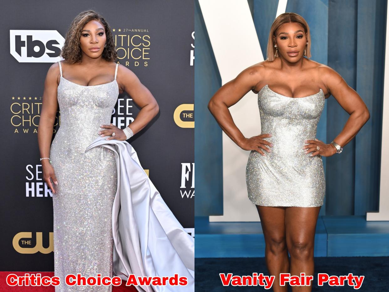 Serena Williams in a silver gown that was shortened for the Oscars Vanity Fair party