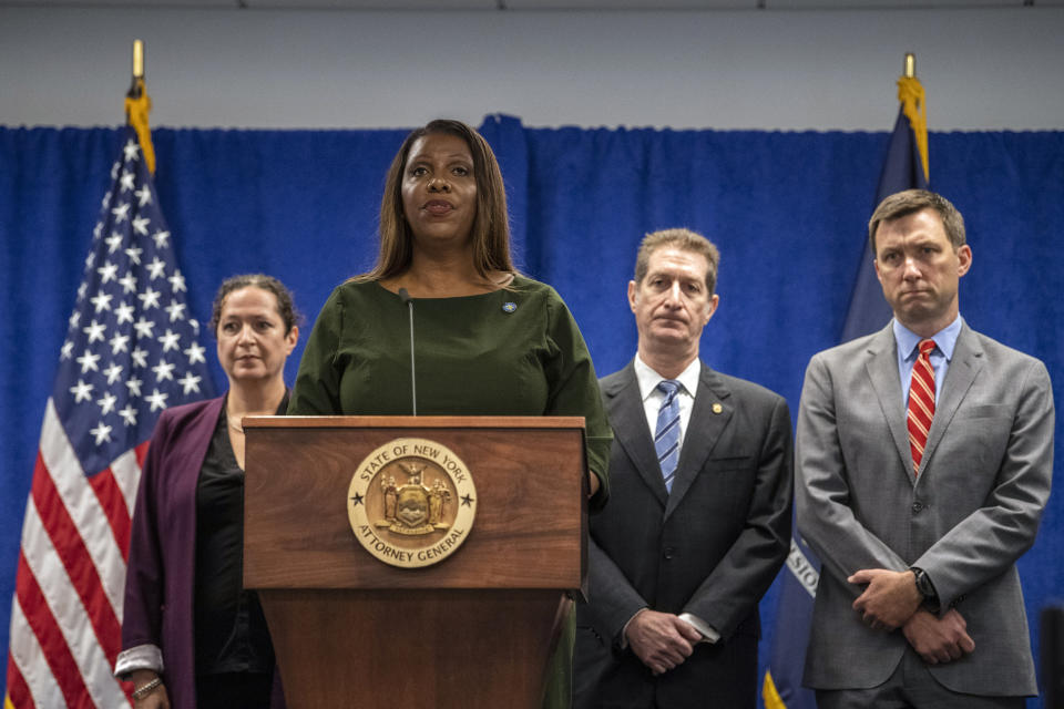 New York Attorney General Letitia James speaks during a press conference, Wednesday, Sept. 21, 2022, in New York. New York’s attorney general sued former President Donald Trump and his company on Wednesday, alleging business fraud involving some of their most prized assets, including properties in Manhattan, Chicago and Washington, D.C. (AP Photo/Brittainy Newman)