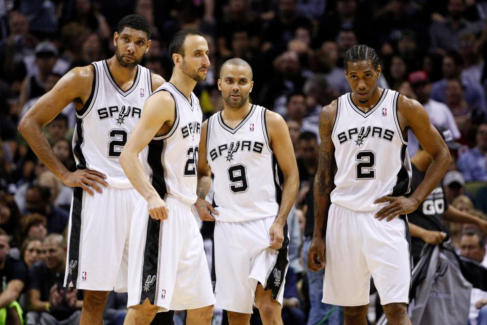 Tim Duncan provided leadership to his younger Spurs teammates, including Manu Ginobili, Tony Parker and Kawhi Leonard.