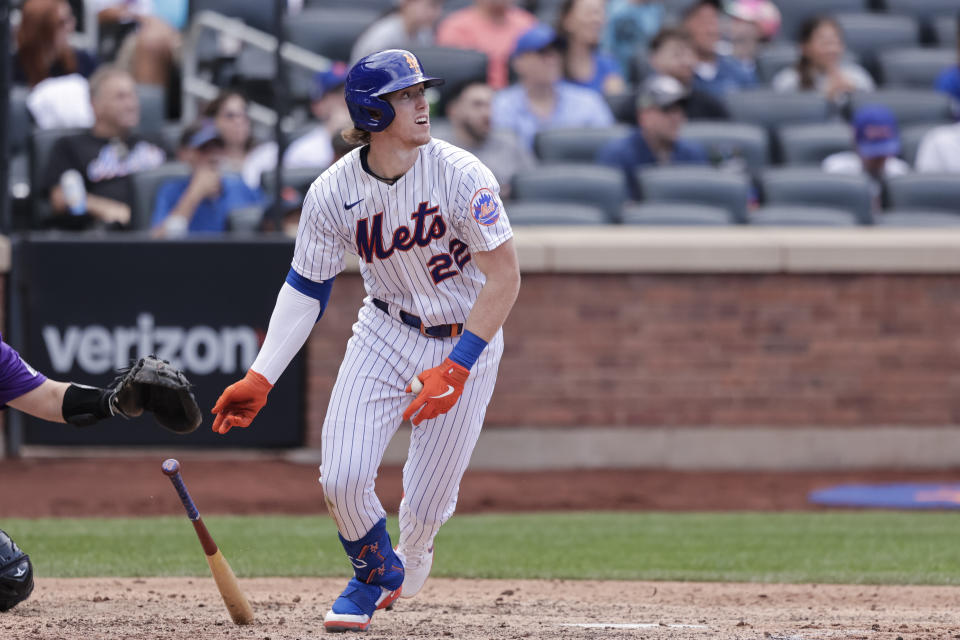 New York Mets' Brett Baty hits a single in the eighth inning of a baseball game against the Colorado Rockies, Sunday, Aug. 28, 2022, in New York. (AP Photo/Corey Sipkin)