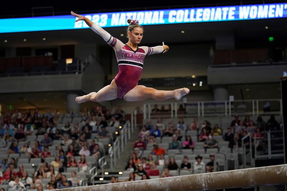 Oklahoma's Jordan Bowers competes on the balance beam during the semifinals of the NCAA women's gymnastics championships Thursday, April 13, 2023, in Fort Worth, Texas.