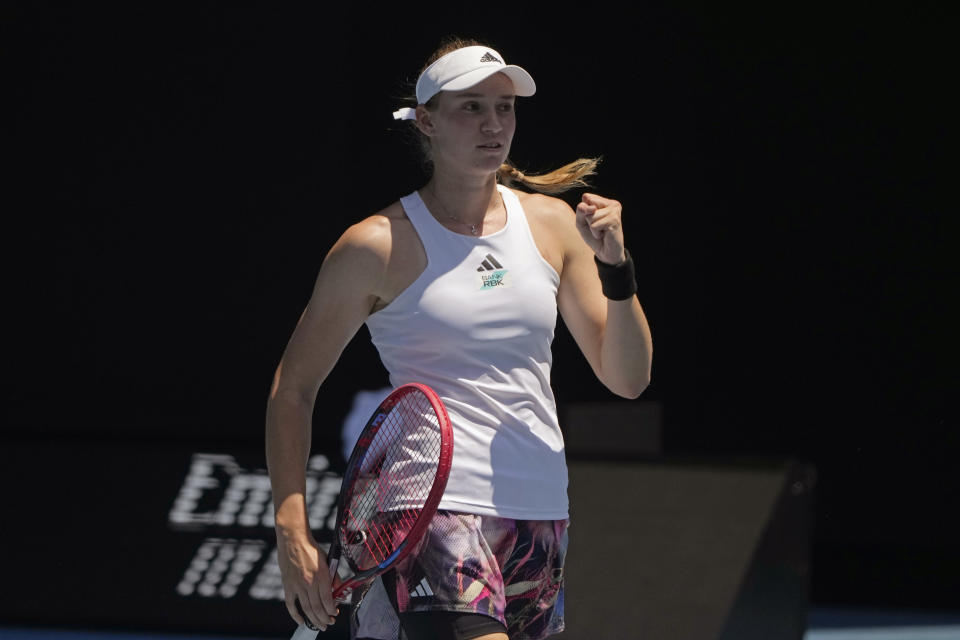 Elena Rybakina of Kazakhstan celebrates after defeating Iga Swiatek of Poland during their fourth round match at the Australian Open tennis championship in Melbourne, Australia, Sunday, Jan. 22, 2023. (AP Photo/Mark Baker)