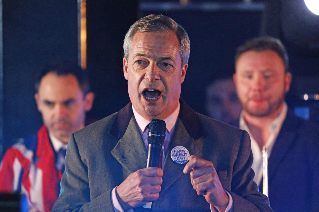 Nigel Farage speaks to pro-Brexit supporters in Parliament Square, London, as the UK prepares to leave the European Union, ending 47 years of close and sometimes uncomfortable ties to Brussels.