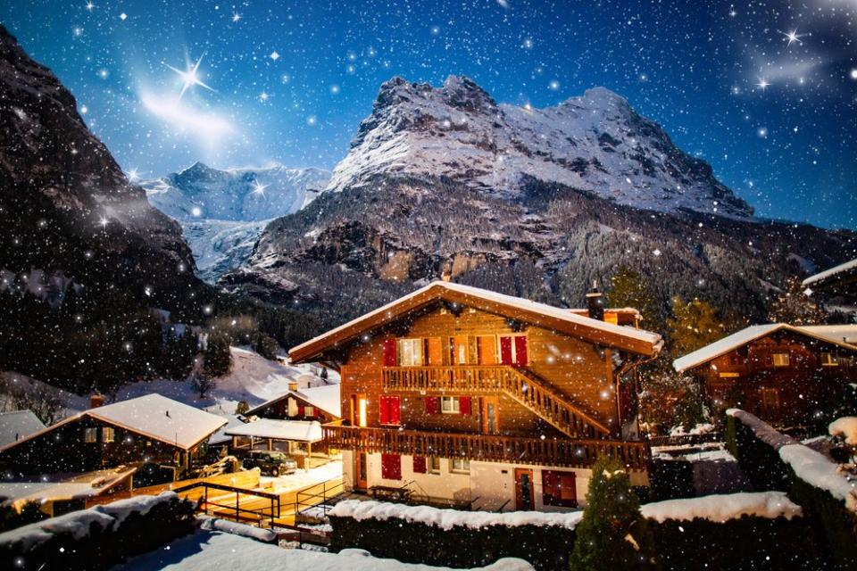 snowy ski resort village of Grindelwald in Switzerland