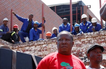 Economic Freedom Fighters (EFF) leader Julius Malema (C) waits to address supporters before a march to South Africa's constitutional court in Johannesburg, February 9, 2015. REUTERS/Sydney Seshibedi