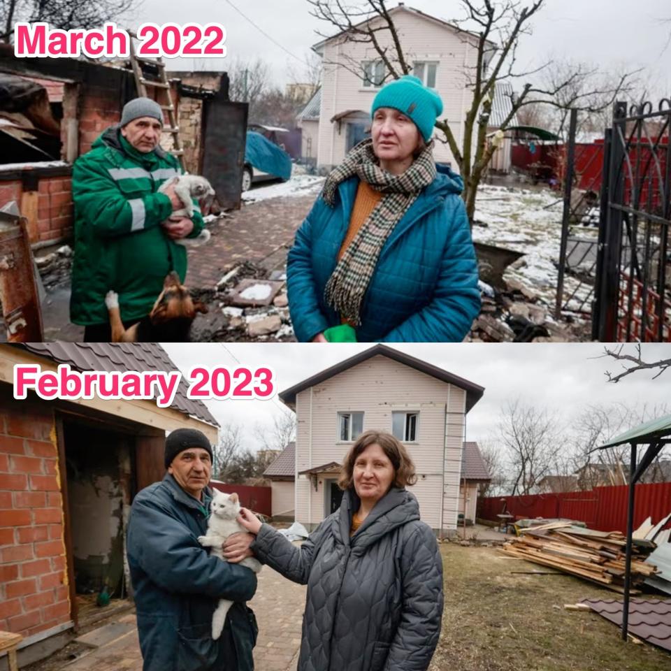 Bucha residents Natalya and Rustem on March 1, 2022. Natalya and Rustem photographed as their property was in the process of being rebuilt in February 2023.
