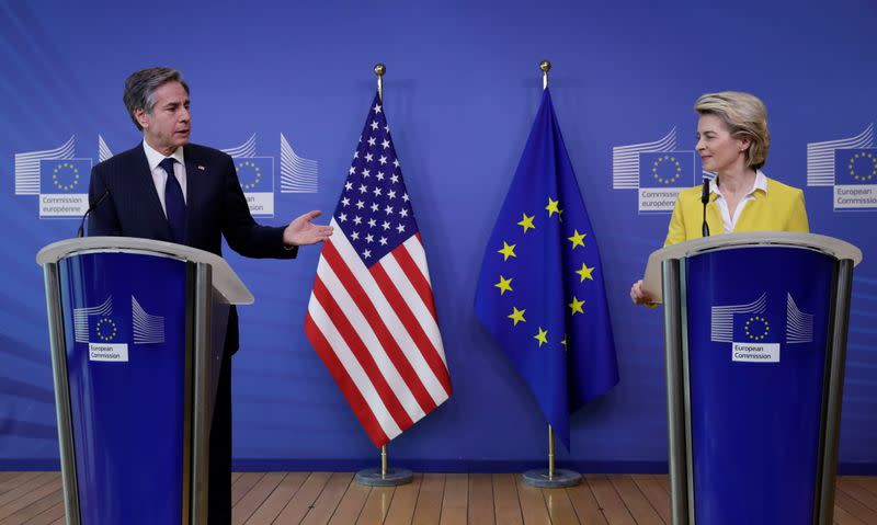 European Commission President Ursula von der Leyen and U.S. Secretary of State Antony Blinken give a press statement in Brussels