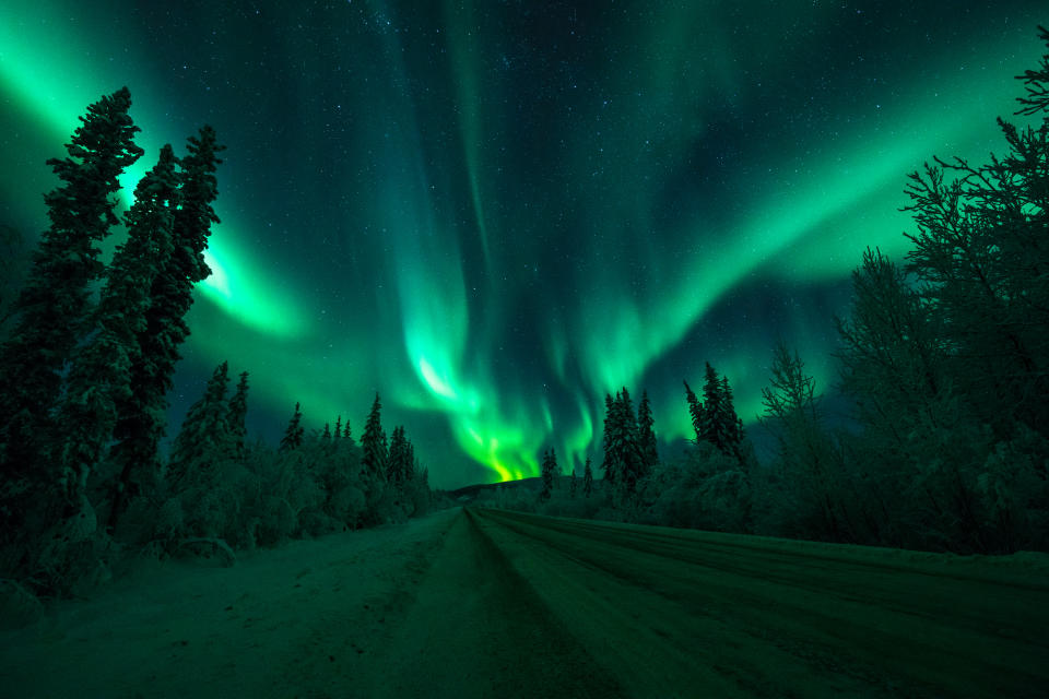 a trip to winter yukon，ture large then life, at night time the northern light take over the sky, beautiful light in green dancing slowly