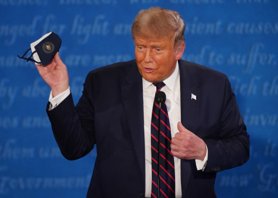 U.S. President Donald Trump holds a protective mask during the first U.S. presidential debate hosted by Case Western Reserve University and the Cleveland Clinic in Cleveland, Ohio, U.S., on Tuesday, Sept. 29, 2020.<span class="copyright">Kevin Dietsch—UPI/Bloomberg/Getty Images</span>