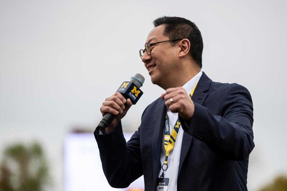 U-M president Santa Ono speaks during a Fiesta Bowl pep rally at Scottsdale Stadium in Scottsdale on Dec. 30, 2022.