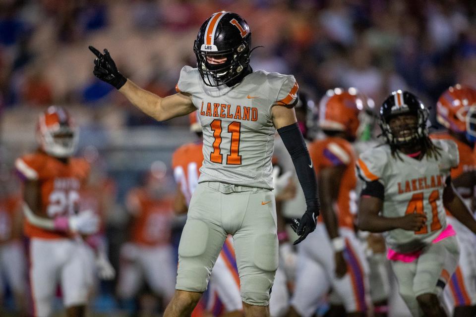 Lakeland Dreadnaughts (11) Robert Riley celebrates defensive play against Bartow  in first half action at Bartow High School In Bartow Fl. Thursday October 6,2022Ernst Peters/The Ledger