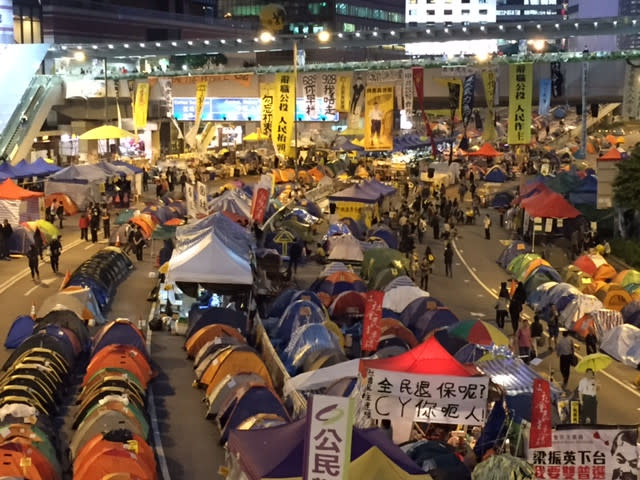 2014年雨傘運動期間，金鐘「夏慤村」。資料圖片