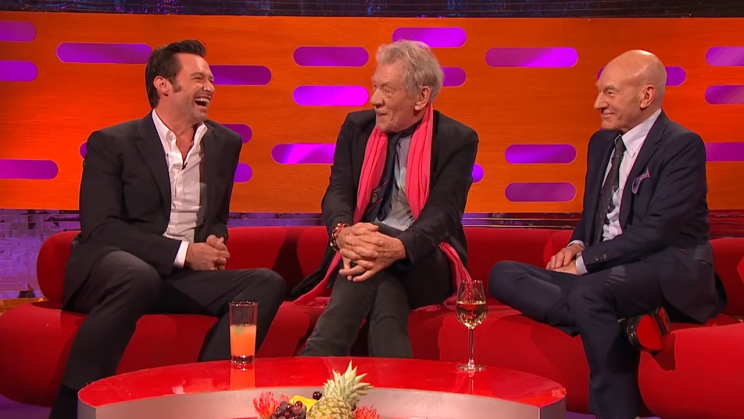 Hugh Jackman, Ian McKellen, and Patrick Stewart yukking it up on the <em>Graham Norton Show</em>. (Photo: BBC)