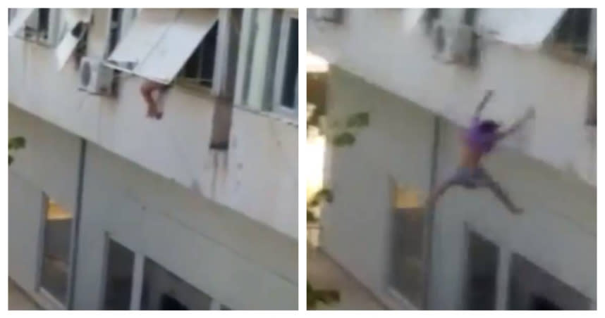 土耳其一名女子因遭到綁架，為了逃生所以選擇從9公尺高的窗台一躍而下。（圖／翻攝自推特）