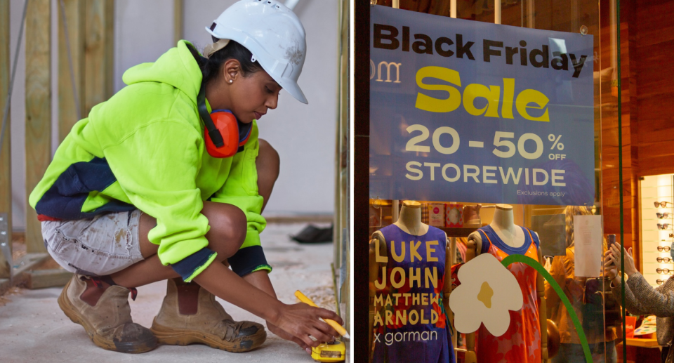 Composite image of a female construction worker, and a Black Friday sale poster in a window for retail sales.