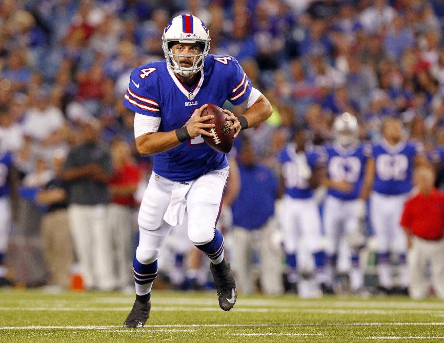 FILE - In this Aug. 16, 2013, file photo, Buffalo Bills' quarterback Kevin Kolb throws a pass during an NFL preseason football game against the Minnesota Vikings in Orchard Park, N.Y. Without going into detail, general manager Doug Whaley announced Tuesday, March 11, 2014, the team released Kolb after he failed a physical. (AP Photo/Bill Wippert, File)