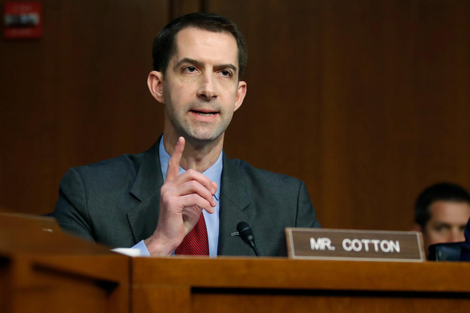 Sen. Tom Cotton, R-Ark., interrupts a fellow senator during a confirmation hearing of the Senate Intelligence Committee for CIA nominee Gina Haspel, on Capitol Hill, Wednesday, May 9, 2018 in Washington. (AP Photo/Alex Brandon)