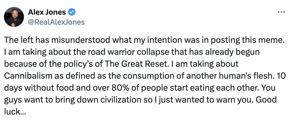 Tweet by Alex Jones discussing a misunderstood warrior metaphor related to "The Great Reset" and cannibalism